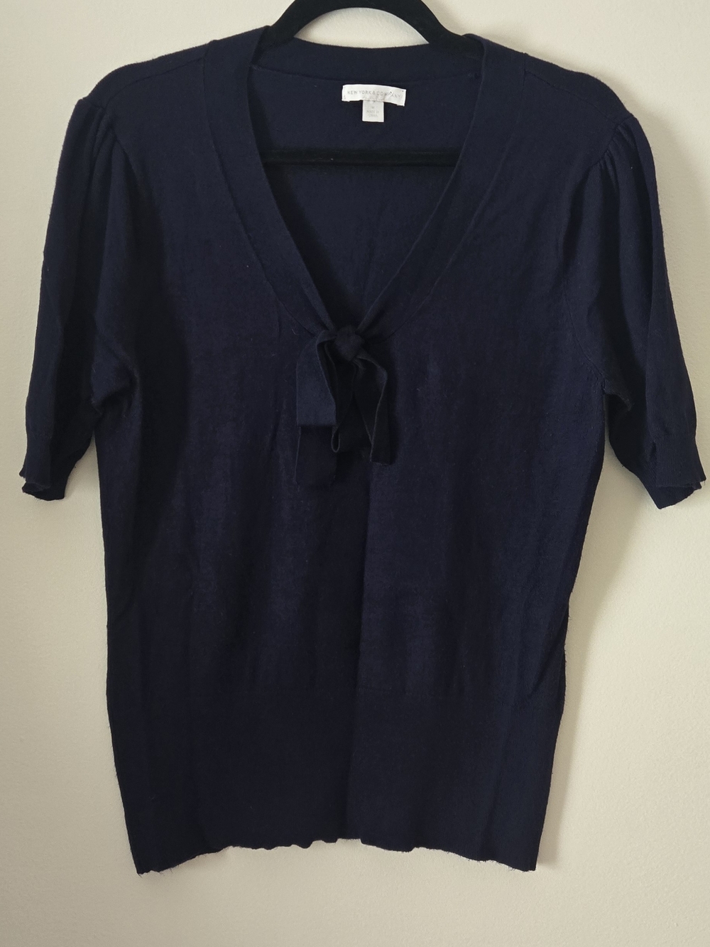 New York & Company Navy Tie-Front Short Sleeve Knit Top